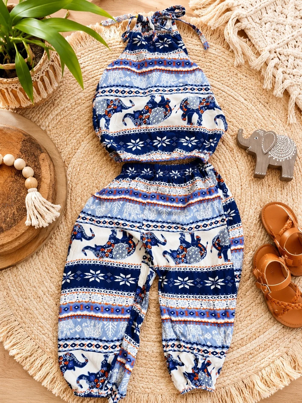 Blue Elephant Print Halter Jumpsuit